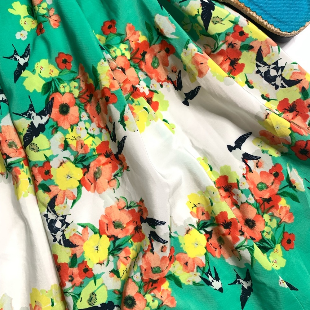 Dress barn green floral bird printed sleeveless Easter dress - Picture 7 of 14